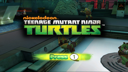 Teenage Mutant Ninja Turtles Nintendo Wii for action adventure video game fans featuring Leonardo Michelangelo Donatello and Raphael fast paced combat ninja moves enemy battles platforming challenges cooperative gameplay motion controls and classic TMNT entertainment collectible gaming appeal start screen
