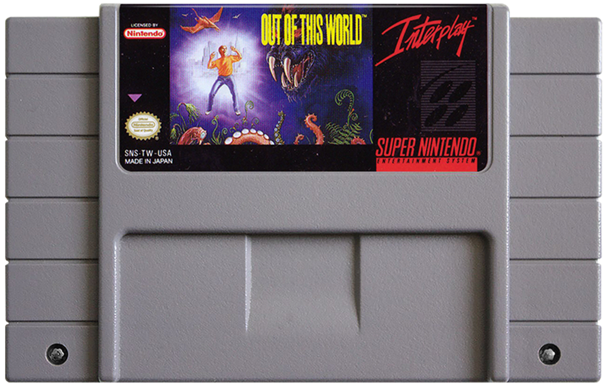 Out of This World Super Nintendo Entertainment System SNES video game featuring cinematic action adventure gameplay alien world exploration platforming challenges puzzle solving sci fi environments mysterious enemies and immersive storytelling classic 16 bit Nintendo gameplay retro video game collection collectible gaming appeal game cartridge