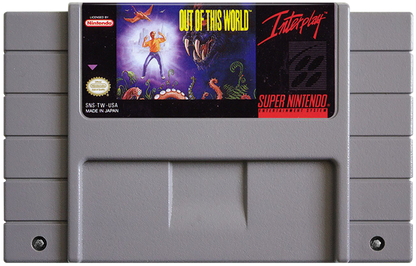 Out of This World Super Nintendo Entertainment System SNES video game featuring cinematic action adventure gameplay alien world exploration platforming challenges puzzle solving sci fi environments mysterious enemies and immersive storytelling classic 16 bit Nintendo gameplay retro video game collection collectible gaming appeal game cartridge
