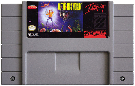 Out of This World Super Nintendo Entertainment System SNES video game featuring cinematic action adventure gameplay alien world exploration platforming challenges puzzle solving sci fi environments mysterious enemies and immersive storytelling classic 16 bit Nintendo gameplay retro video game collection collectible gaming appeal game cartridge