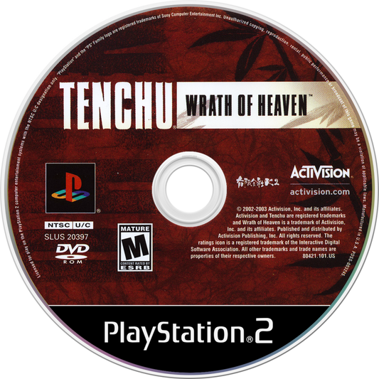 Tenchu: Wrath of Heaven PS2 stealth action video game featuring ninja-style gameplay, strategic assassination missions, rooftop infiltration, multiple playable characters (including Rikimaru and Ayame), atmospheric feudal Japan environments, cooperative and competitive modes, and classic Tenchu stealth mechanics on PlayStation 2. disc