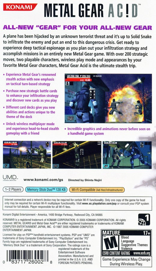 Metal Gear: Acid back of case for PlayStation Portable (PSP) turn-based strategy action video game
