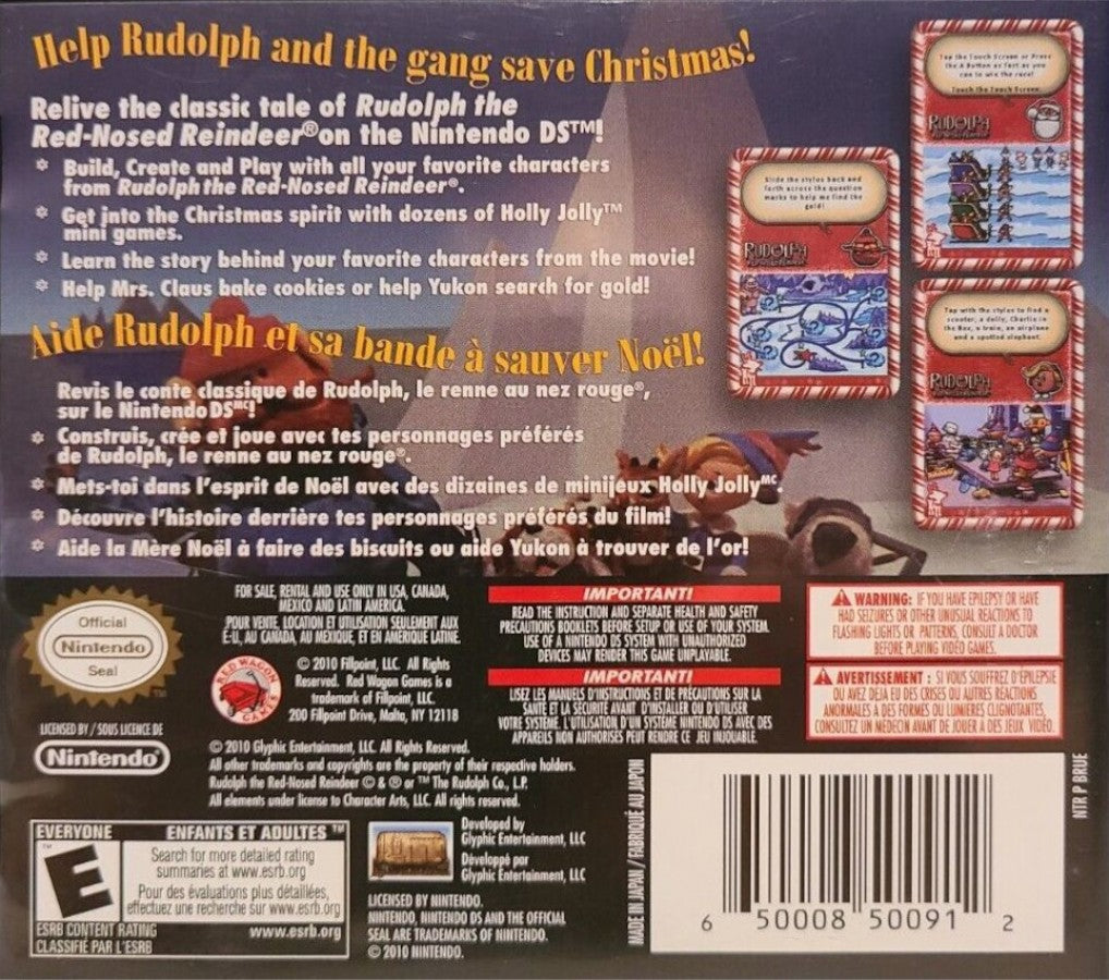 Rudolph the Red Nosed Reindeer Nintendo DS holiday family game Christmas adventure mini games story based gameplay kids friendly platformer festive winter themed casual gameplay touch screen stylus controls Nintendo DS software video game title back cover 
