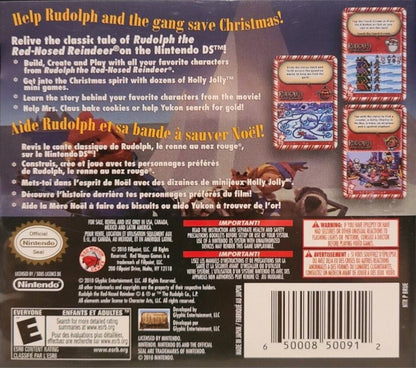 Rudolph the Red Nosed Reindeer Nintendo DS holiday family game Christmas adventure mini games story based gameplay kids friendly platformer festive winter themed casual gameplay touch screen stylus controls Nintendo DS software video game title back cover 