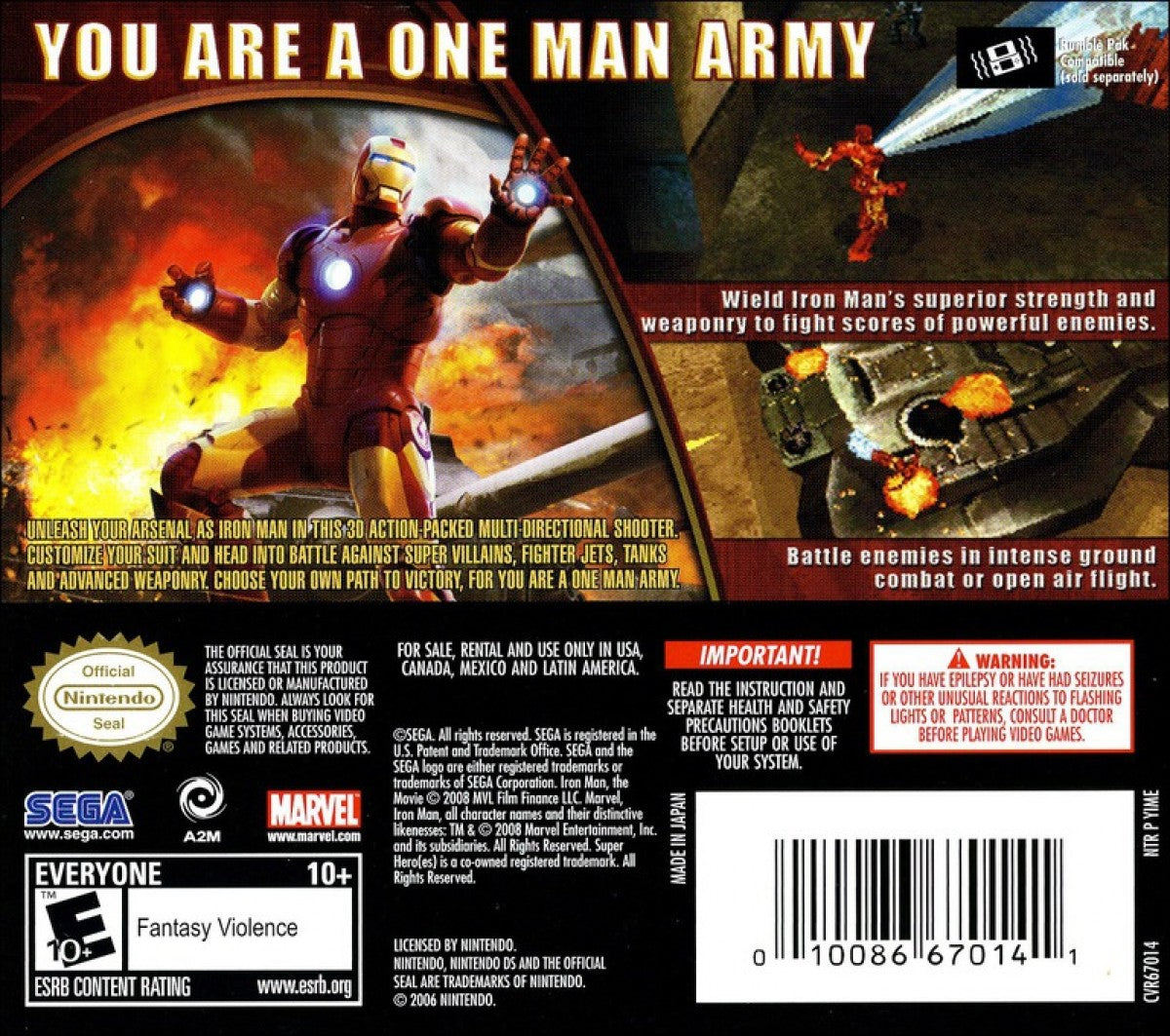 Iron Man Nintendo DS video game, action adventure, superhero gameplay, Marvel movie tie-in, handheld console title back cover