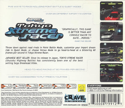 Tokyo Xtreme Racer game for the Sega Dreamcast featuring highway street racing gameplay set in Tokyo with one on one rival battles car tuning progression and nighttime racing against named opponents across expressway routes back cover art