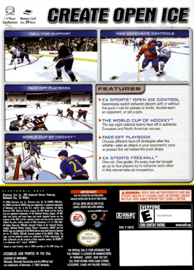 NHL 2005 back of case for Nintendo GameCube (GC) hockey sports video game