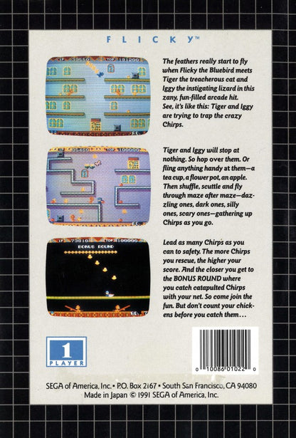 Flicky Sega Genesis GEN for retro video game enthusiasts featuring classic arcade action gameplay colorful platforming stages fast paced enemy avoidance charming bird character family friendly challenges and collectible gaming appeal back cover