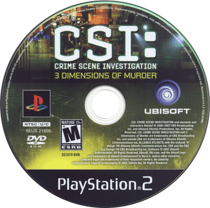 CSI: Dimensions of Murder for PlayStation 2 with crime investigation and forensic mystery gameplay disc