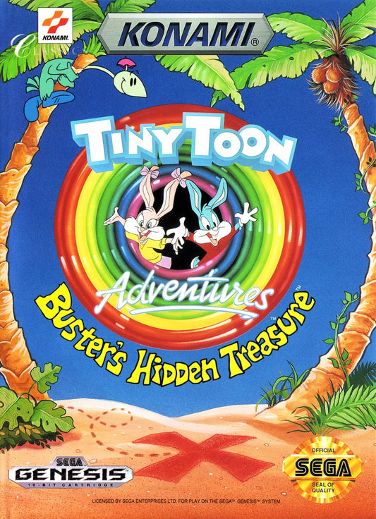 Tiny Toon Adventures Busters Hidden Treasure retro Sega Genesis video game featuring side scrolling platform gameplay, cartoon character action, obstacle challenges and classic Genesis entertainment - cover art