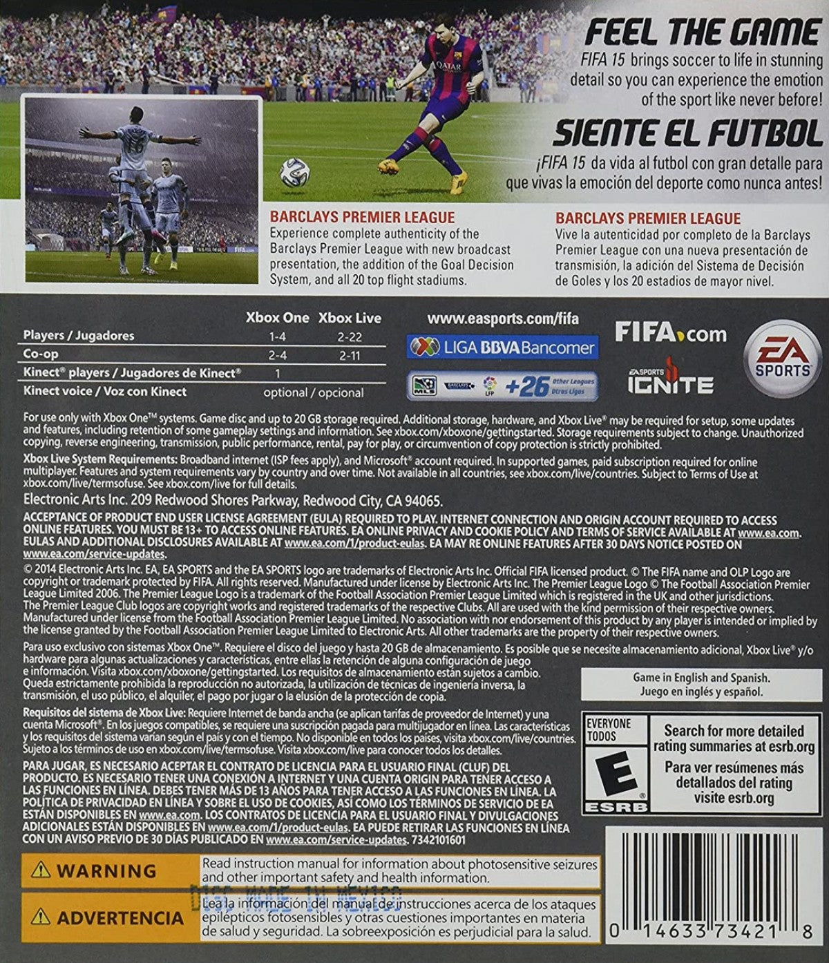 FIFA 15 Xbox One for sports video game fans featuring realistic soccer gameplay authentic teams and players advanced ball control mechanics career mode ultimate team online multiplayer competitive matches immersive stadium atmosphere and next generation football experience collectible gaming appeal back cover art