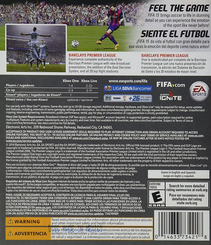 FIFA 15 Xbox One for sports video game fans featuring realistic soccer gameplay authentic teams and players advanced ball control mechanics career mode ultimate team online multiplayer competitive matches immersive stadium atmosphere and next generation football experience collectible gaming appeal back cover art