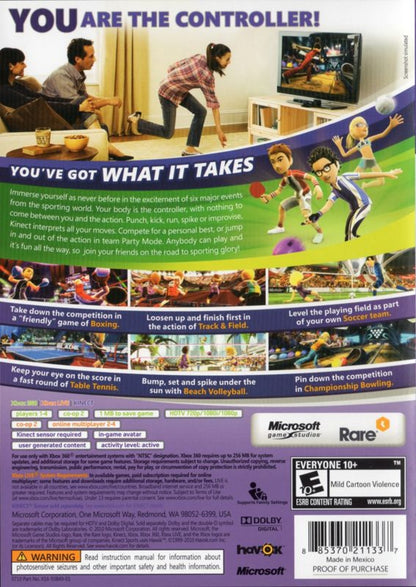 Kinect Sports for Xbox 360 motion controlled sports video game featuring full body Kinect gameplay family friendly multiplayer activities and interactive athletic challenges experience back cover