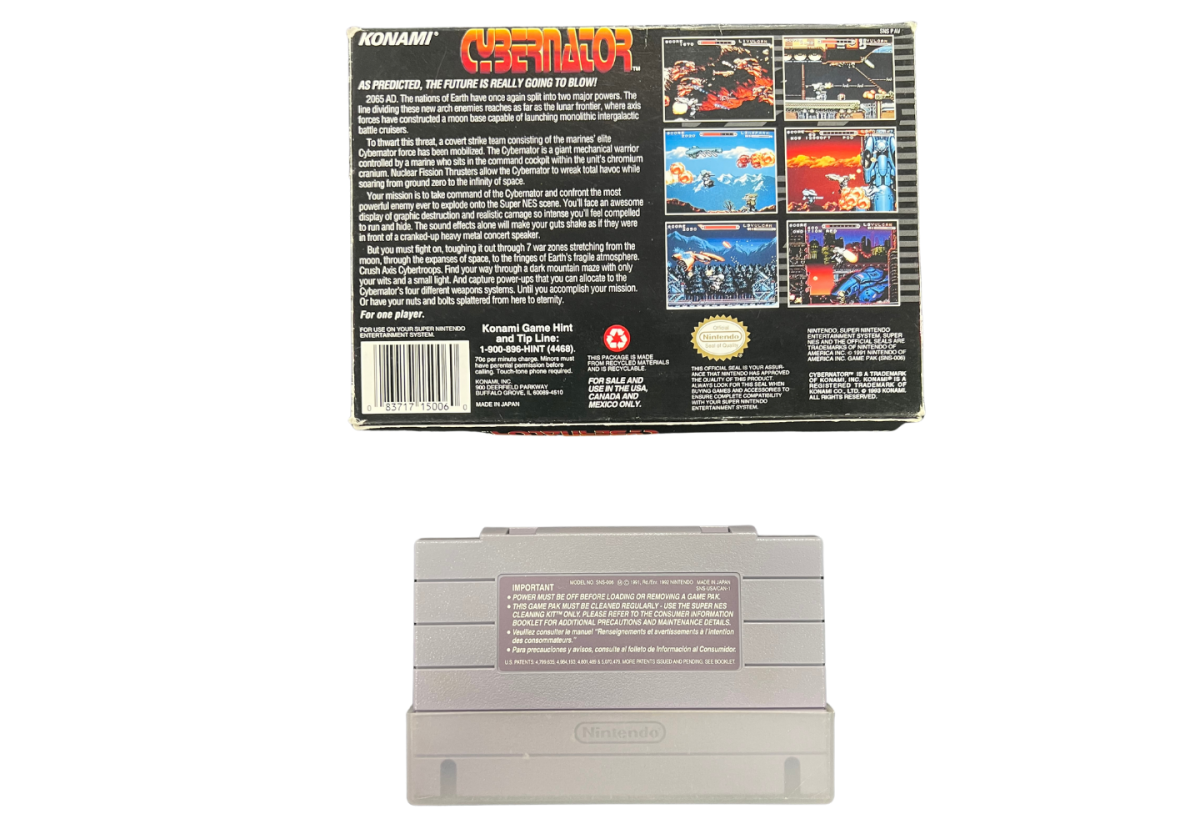 Cybernator Super Nintendo Entertainment System SNES for retro video game enthusiasts featuring side scrolling mech action gameplay futuristic combat powerful weapons challenging enemy forces explosive battles classic 16 bit action and collectible gaming appeal back cover art cartidge