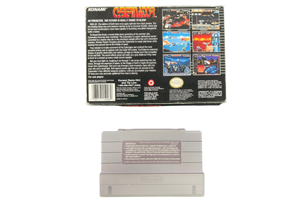 Cybernator Super Nintendo Entertainment System SNES for retro video game enthusiasts featuring side scrolling mech action gameplay futuristic combat powerful weapons challenging enemy forces explosive battles classic 16 bit action and collectible gaming appeal back cover art cartidge