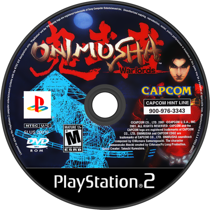 Onimusha Warlords PS2 Sony PlayStation 2 action adventure hack and slash samurai combat survival horror demons Oni magic sword fighting Capcom feudal Japan story gameplay puzzle exploration retro gaming PlayStation 2 software video game title disc