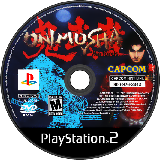 Onimusha Warlords PS2 Sony PlayStation 2 action adventure hack and slash samurai combat survival horror demons Oni magic sword fighting Capcom feudal Japan story gameplay puzzle exploration retro gaming PlayStation 2 software video game title disc