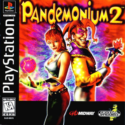 Pandemonium 2 PlayStation PS1 for action platforming video game fans featuring colorful 3D platforming gameplay whimsical fantasy worlds acrobatic movement unique character abilities challenging levels enemy battles collectible items imaginative environments and classic PlayStation adventure collectible gaming appeal cover art