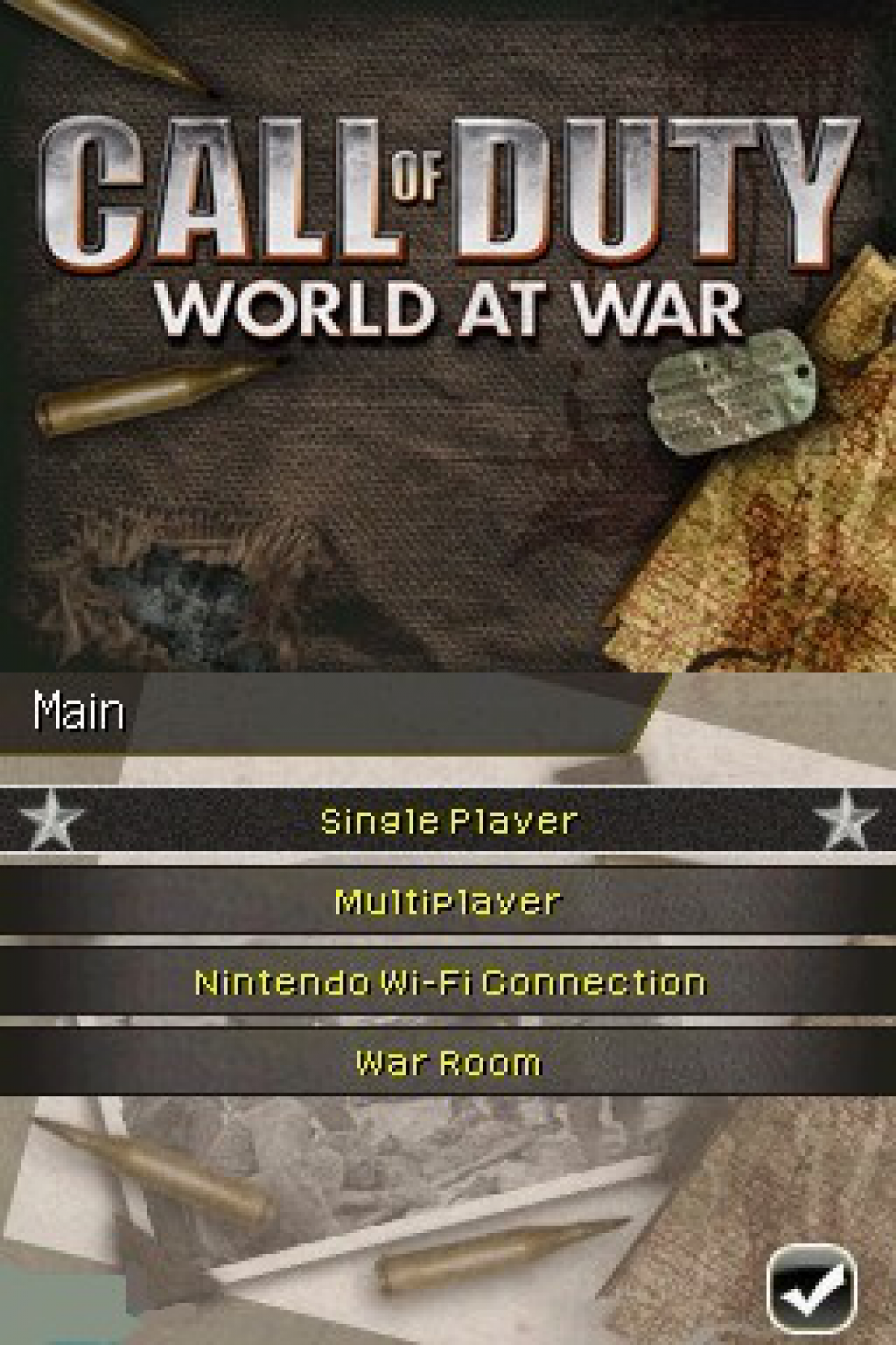 Call of Duty: World at War for Nintendo DS with World War II themed action focus main menu