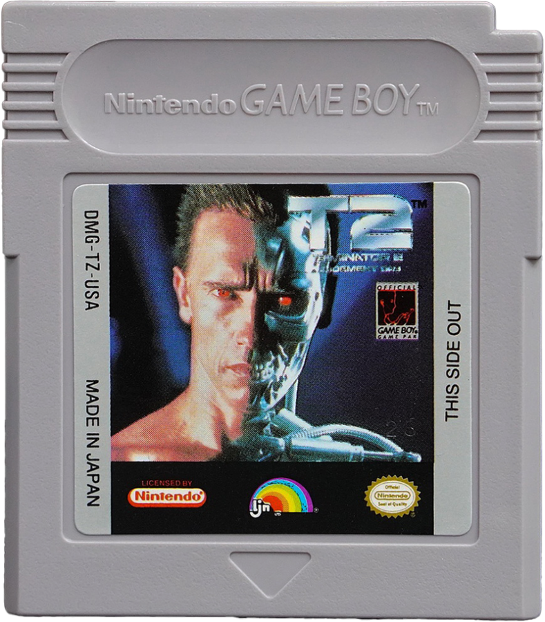 Terminator 2 Judgment Day Game Boy for retro video game enthusiasts featuring action shooter gameplay futuristic war against machines side scrolling combat missions sci fi adventure elements challenging enemy encounters based on the iconic Terminator franchise and collectible gaming appeal cartridge 
