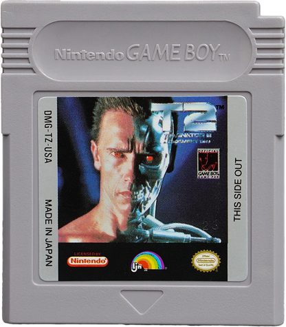 Terminator 2 Judgment Day Game Boy for retro video game enthusiasts featuring action shooter gameplay futuristic war against machines side scrolling combat missions sci fi adventure elements challenging enemy encounters based on the iconic Terminator franchise and collectible gaming appeal cartridge 