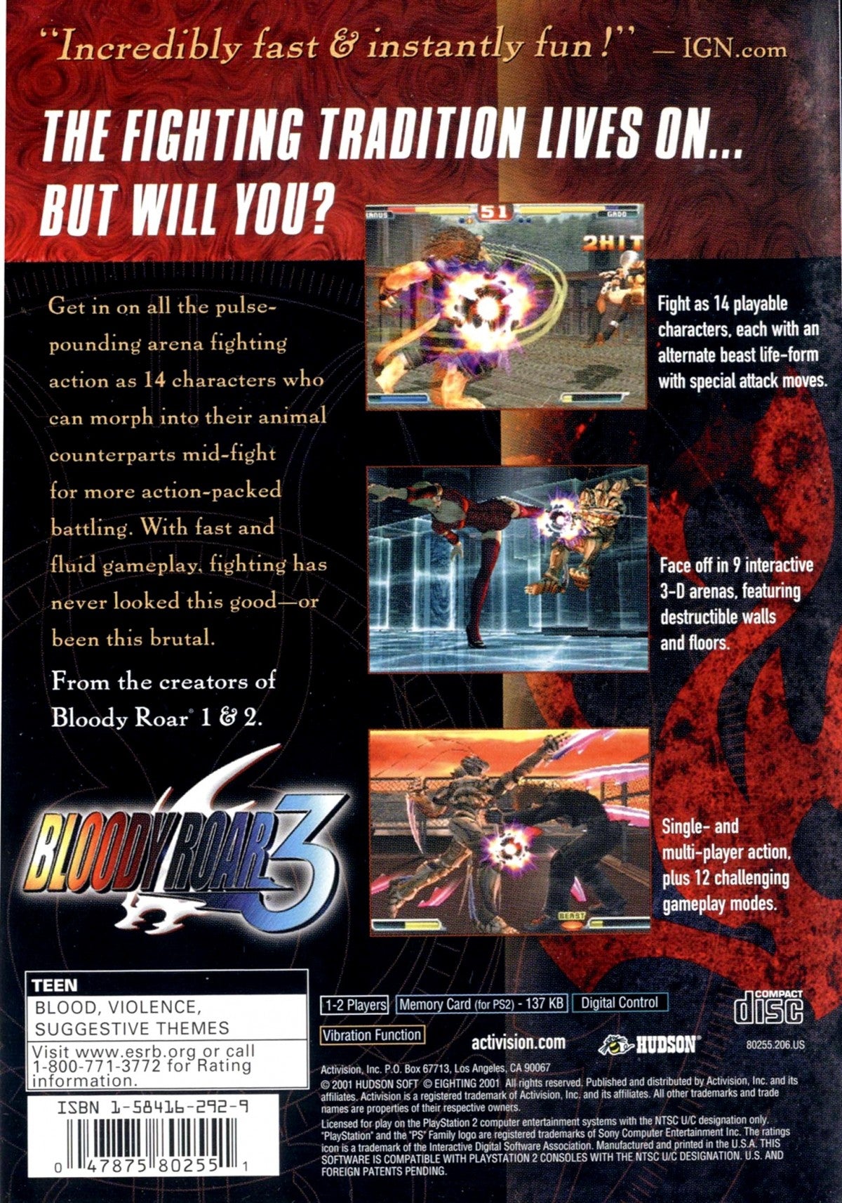 Bloody Roar 3 for PlayStation 2 with 3D fighting and beast transformation theme back cover art
