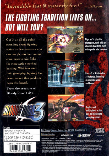 Bloody Roar 3 for PlayStation 2 with 3D fighting and beast transformation theme back cover art