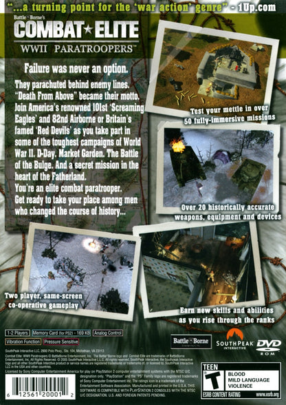 Combat Elite: WWII Paratroopers for PlayStation 2 with World War II themed tactical action and squad-based missions back cover art