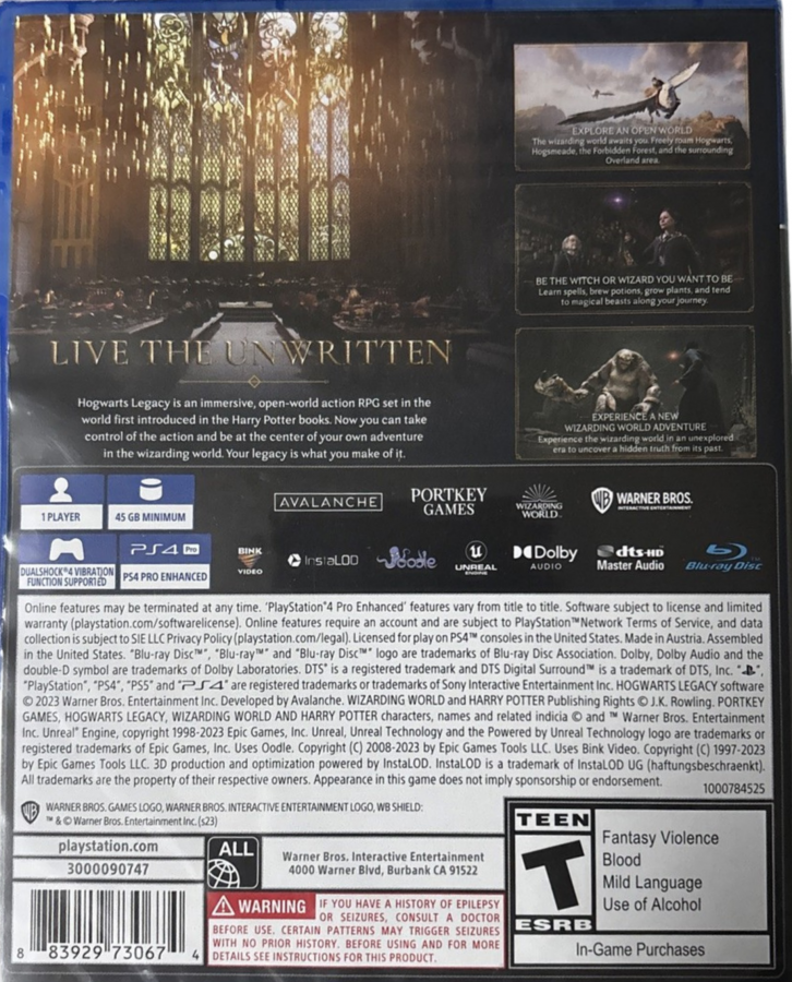 Hogwarts Legacy PlayStation 4 PS4 for retro video game enthusiasts featuring open world fantasy role playing gameplay magical spell casting exploration of the wizarding world character customization story driven quests mythical creatures and collectible gaming appeal back cover 