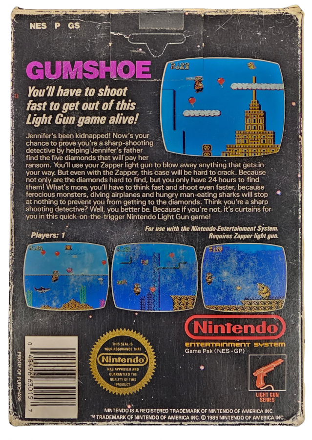 Gumshoe 5 Screw Nintendo Entertainment System NES video game featuring light gun shooting gameplay side scrolling action target shooting enemy encounters hostage rescue missions reflex challenges and classic 8 bit Nintendo gameplay retro video game collection collectible gaming appeal back cover art