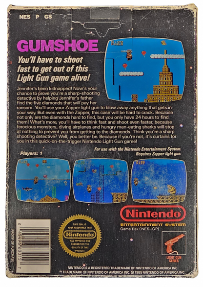 Gumshoe 5 Screw Nintendo Entertainment System NES video game featuring light gun shooting gameplay side scrolling action target shooting enemy encounters hostage rescue missions reflex challenges and classic 8 bit Nintendo gameplay retro video game collection collectible gaming appeal back cover art