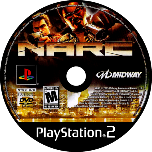 NARC PS2 Sony PlayStation 2 action shooter crime game undercover narcotics agents drug bust missions violent arcade style combat dual character gameplay Midway Games mature themed action retro gaming PlayStation 2 software video game title disc