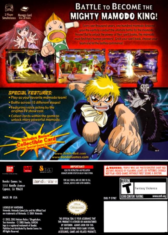 Zatch Bell!: Mamodo Battles Bandai back of case for Nintendo GameCube (GC) anime fighting video game
