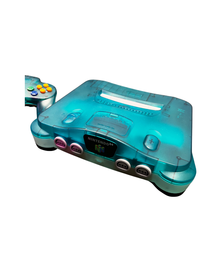 Front view of a Funtastic ice blue Nintendo 64 console with its original matching translucent controller connected