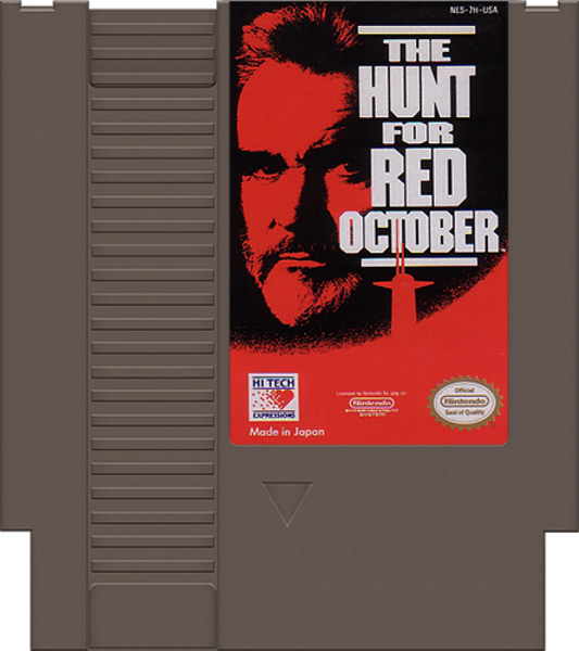 Hunt for Red October Nintendo Entertainment System NES video game featuring submarine action gameplay naval combat underwater missions strategic navigation torpedo attacks enemy submarines stealth operations ocean environments and classic 8 bit Nintendo gameplay retro video game collection collectible gaming appeal game cartridge