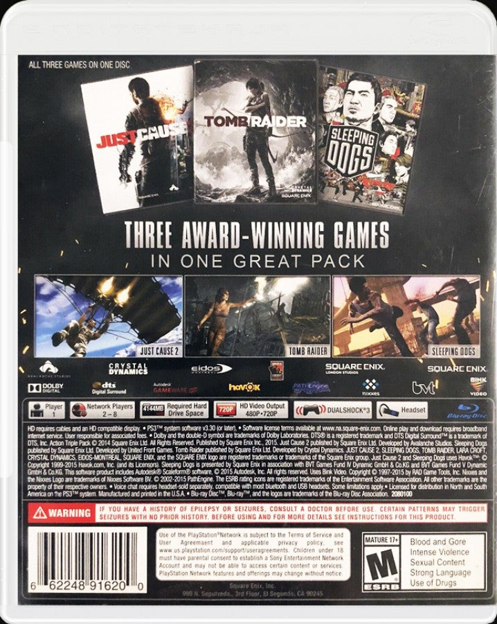 Ultimate Action Triple Pack PlayStation 3 compilation bundle containing Tomb Raider Lara Croft action adventure platforming puzzle solving Sleeping Dogs open world martial arts Hong Kong undercover cop crime drama Just Cause 2 Rico Rodriguez grappling hook parachute explosive open world chaos Square Enix third person collection back cover