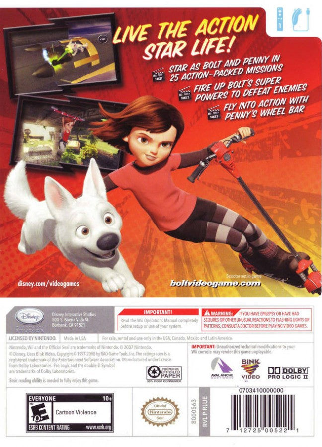 Disney Bolt back cover art for Nintendo Wii (Wii) video game 