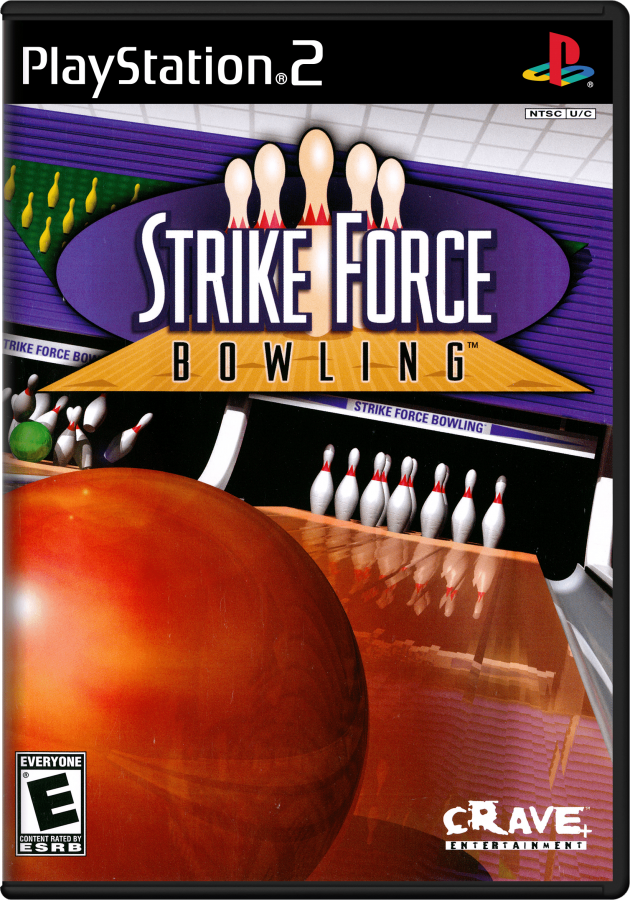 Strike Force Bowling – PlayStation 2 (PS2) video game cover image, sports bowling simulation.