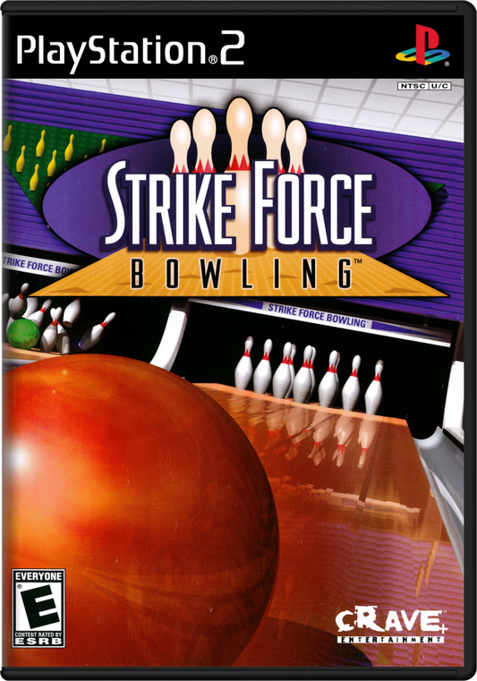 Strike Force Bowling – PlayStation 2 (PS2) video game cover image, sports bowling simulation.