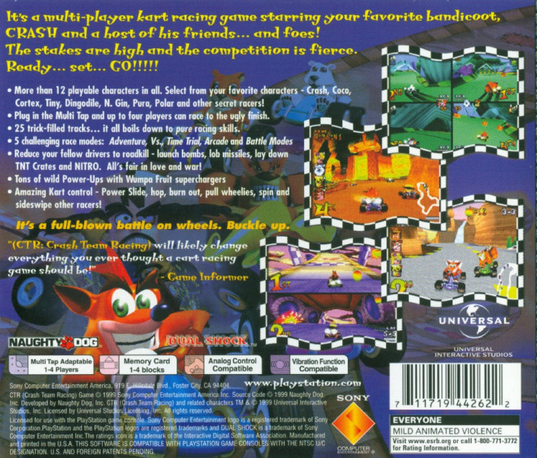 Crash Team Racing PS1 PlayStation 1 kart racing game Naughty Dog arcade racing multiplayer competitive racing retro video game back of case