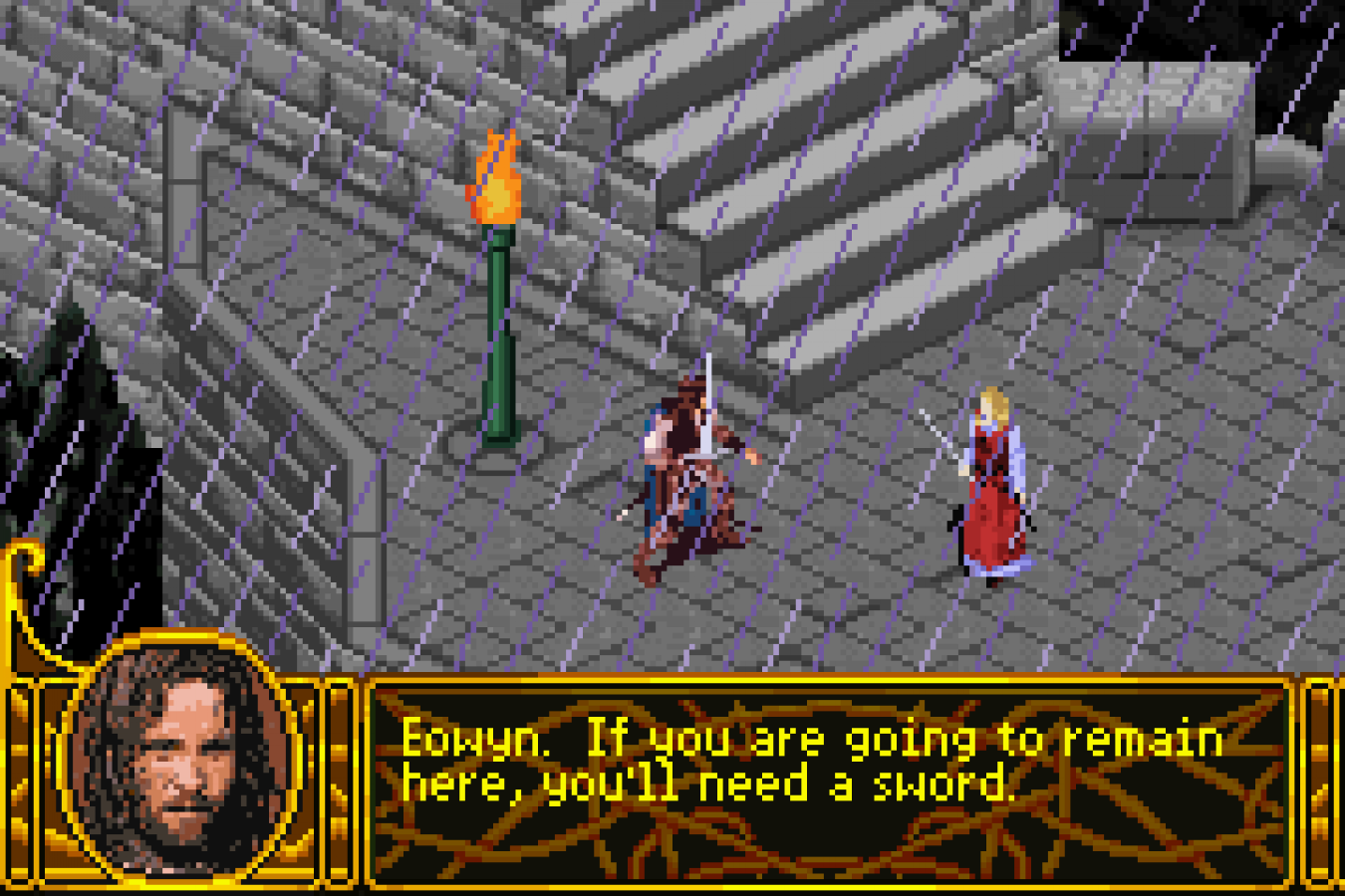 The Lord of the Rings The Two Towers for Game Boy Advance, gameplay for a retro video game featuring action-adventure gameplay, hack-and-slash combat, character progression, and movie-inspired fantasy battles