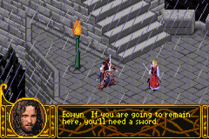 The Lord of the Rings The Two Towers for Game Boy Advance, gameplay for a retro video game featuring action-adventure gameplay, hack-and-slash combat, character progression, and movie-inspired fantasy battles