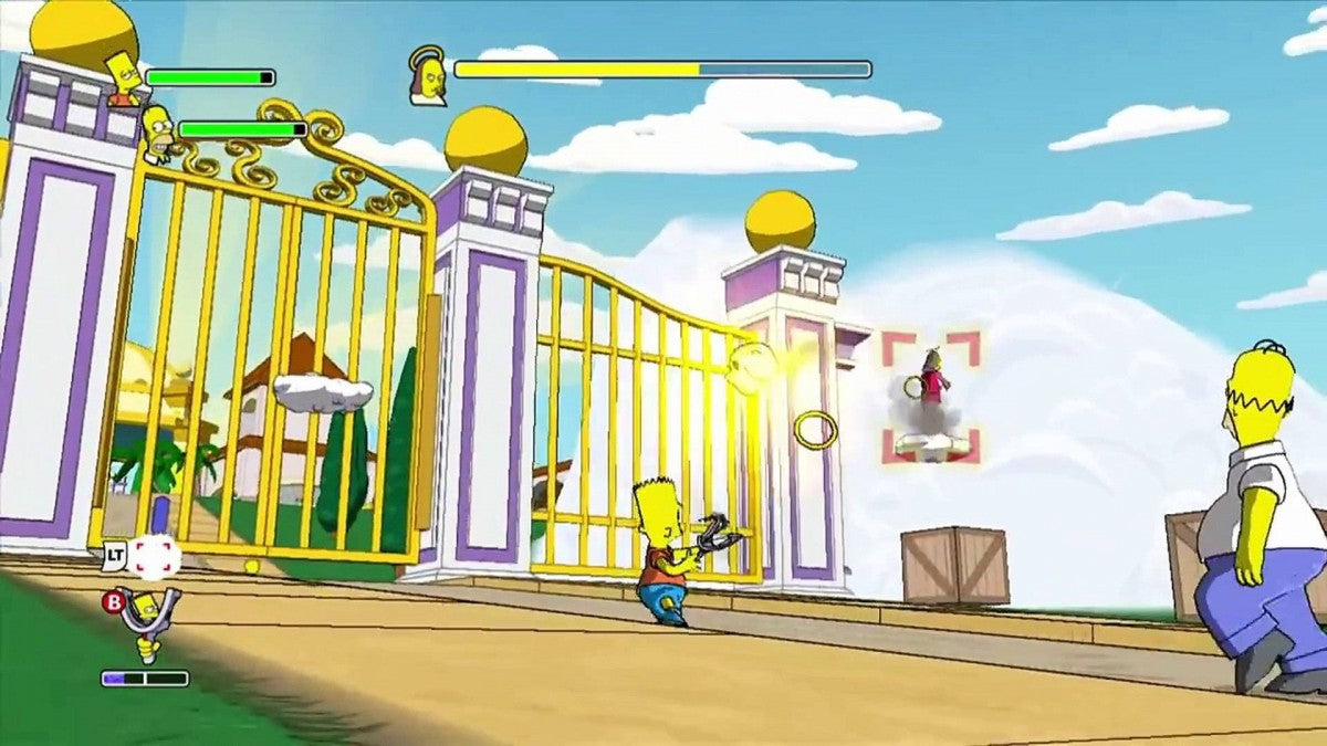 The Simpsons Game gameplay for Nintendo Wii (Wii) featuring comedic action‑adventure gameplay with Homer, Bart, Lisa, and Marge, parodying popular video games in Springfield