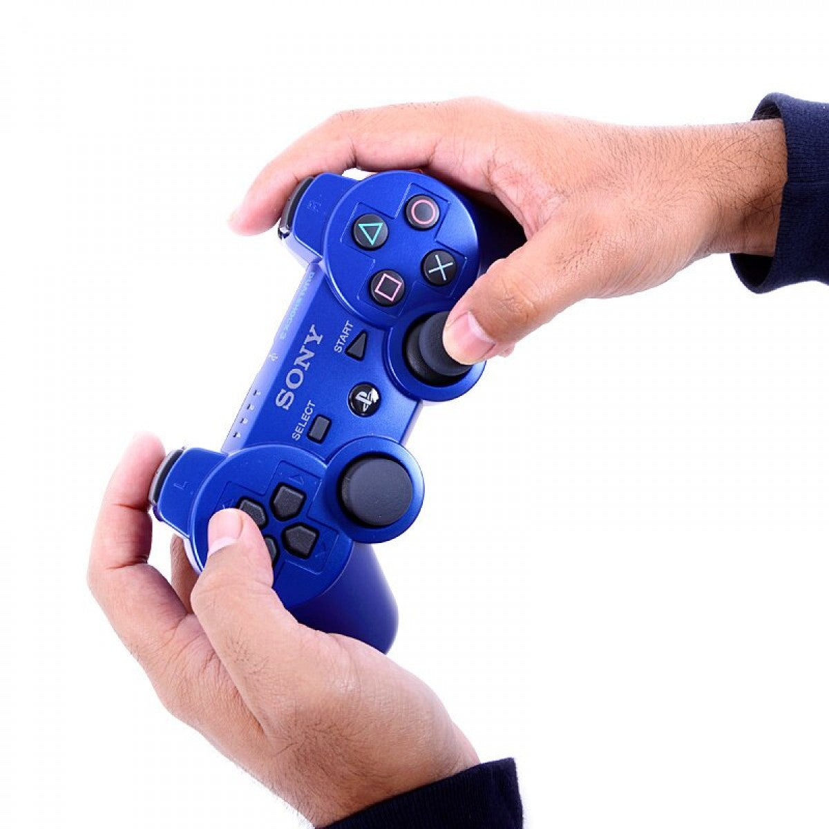 PS3 wireless controller in blue featuring dual analog sticks and classic PlayStation button layout