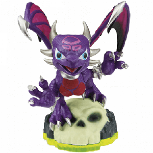 Cynder Skylanders Spyro’s Adventure figure, undead element dragon with sleek purple body, glowing eyes and wings spread in flight pose, detailed collectible toy on portal base from Skylanders Spyro’s Adventure series