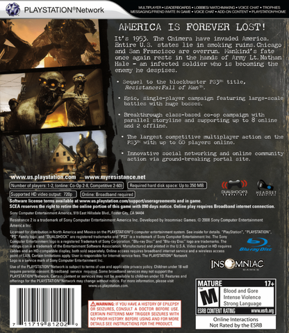 Resistance 2 PS3 first-person shooter video game back cover art
