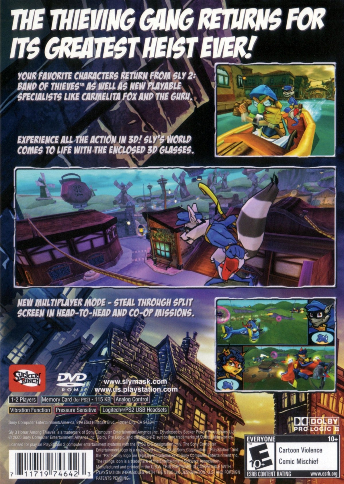 Sly 3: Honor Among Thieves [Greatest Hits] for PlayStation 2 (PS2) featuring the same globe trotting stealth platforming heist adventure with multiple playable Cooper Gang members and varied missions; includes the Greatest Hits re release branding for this complete team based caper on PS2 back cover