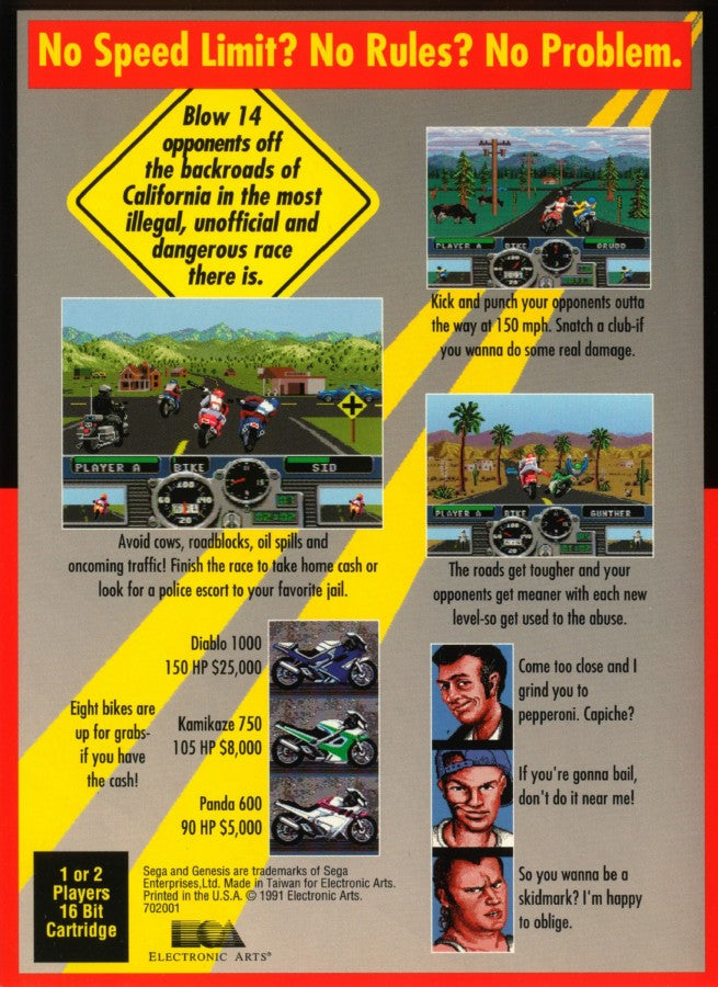 Road Rash Sega Genesis video game, motorcycle racing combat, arcade-style gameplay, retro EA sports action title back cover
