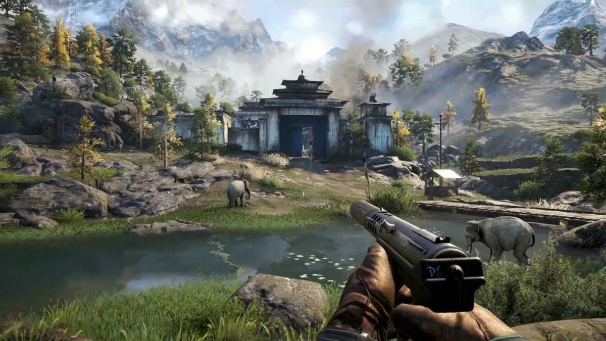 Far Cry 4 Xbox 360 open-world first-person shooter video game Ubisoft Kyrat Himalayas region Pagan Min villain Ajay Ghale protagonist elephant riding wing suit flying grappling hook co-op campaign online multiplayer outpost liberation tower climbing hunting crafting Shangri-La missions psychedelic sequences gameplay screenshot
