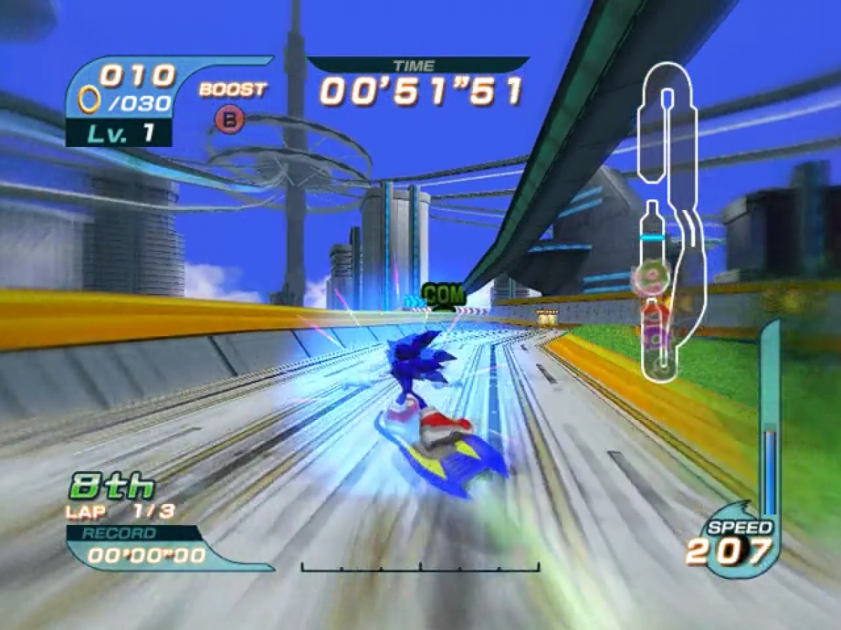 Sonic Riders gameplay for GameCube (GC) game featuring high-speed hoverboard racing and arcade-style competition